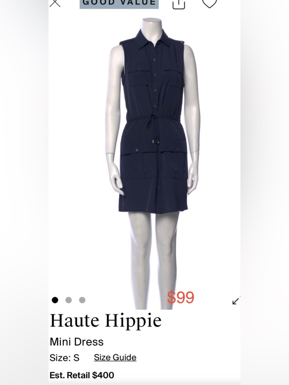 Haute Hippie Navy Sleeveless Drawstring Shirt Dress